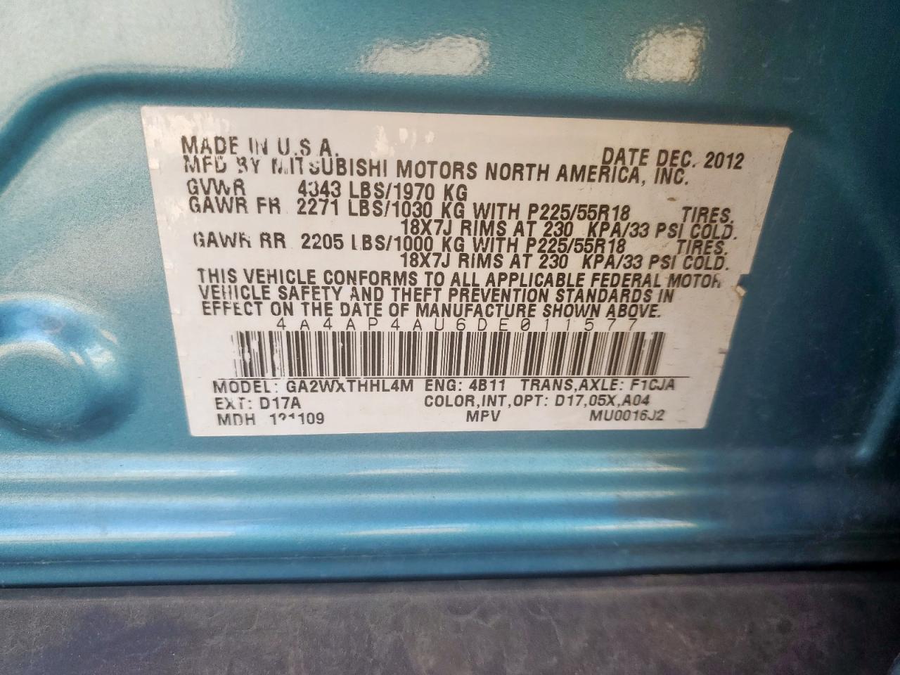 2013 Mitsubishi Outlander Sport Se VIN: 4A4AP4AU6DE011577 Lot: 92995975