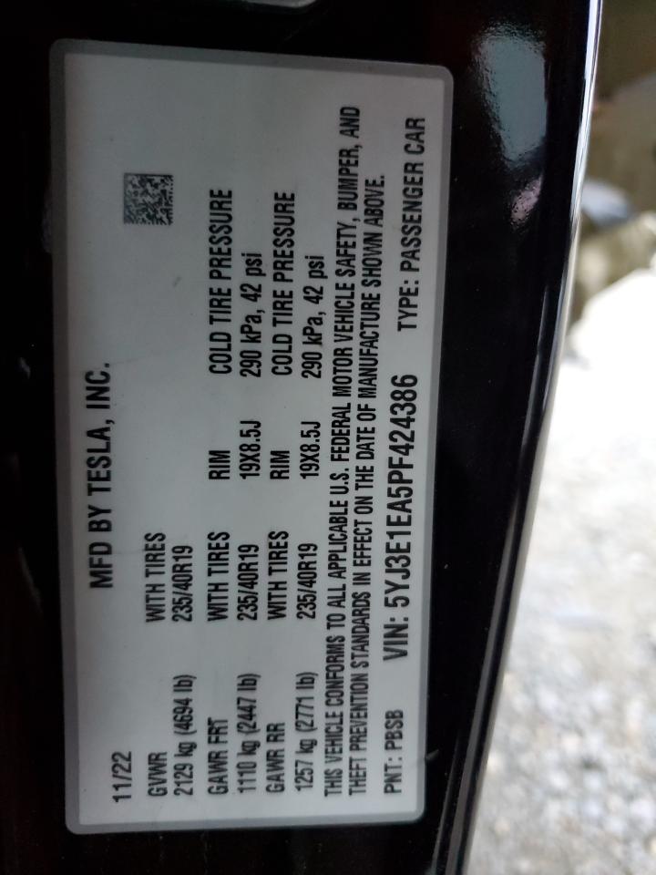 2023 Tesla Model 3 VIN: 5YJ3E1EA5PF424386 Lot: 93115015