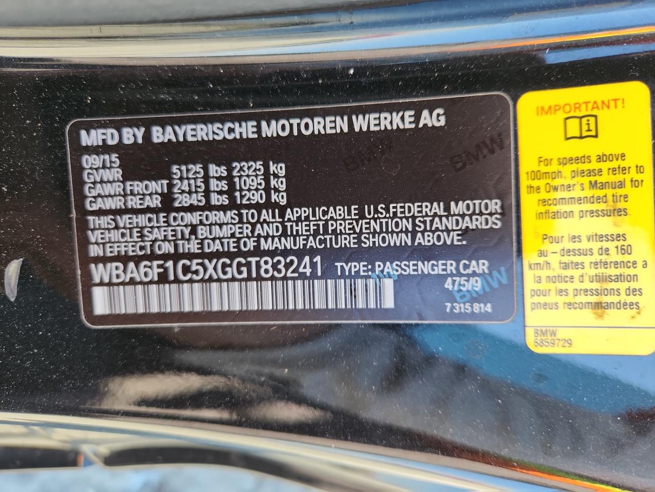 2016 BMW 640 I VIN: WBA6F1C5XGGT83241 Lot: 93235485