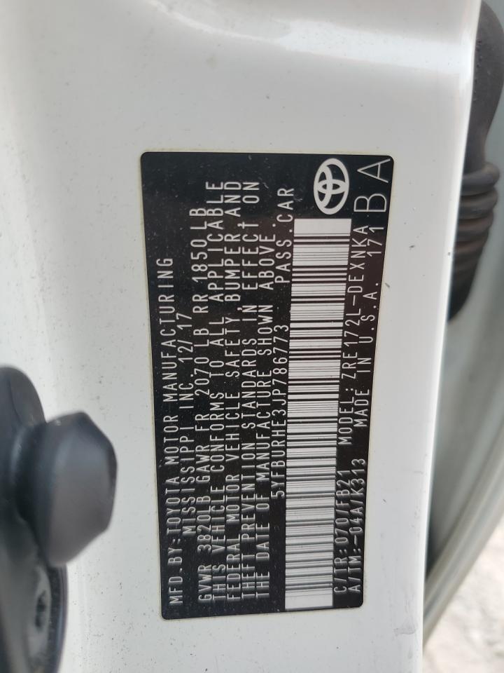 2018 Toyota Corolla L VIN: 5YFBURHE3JP786773 Lot: 92744875