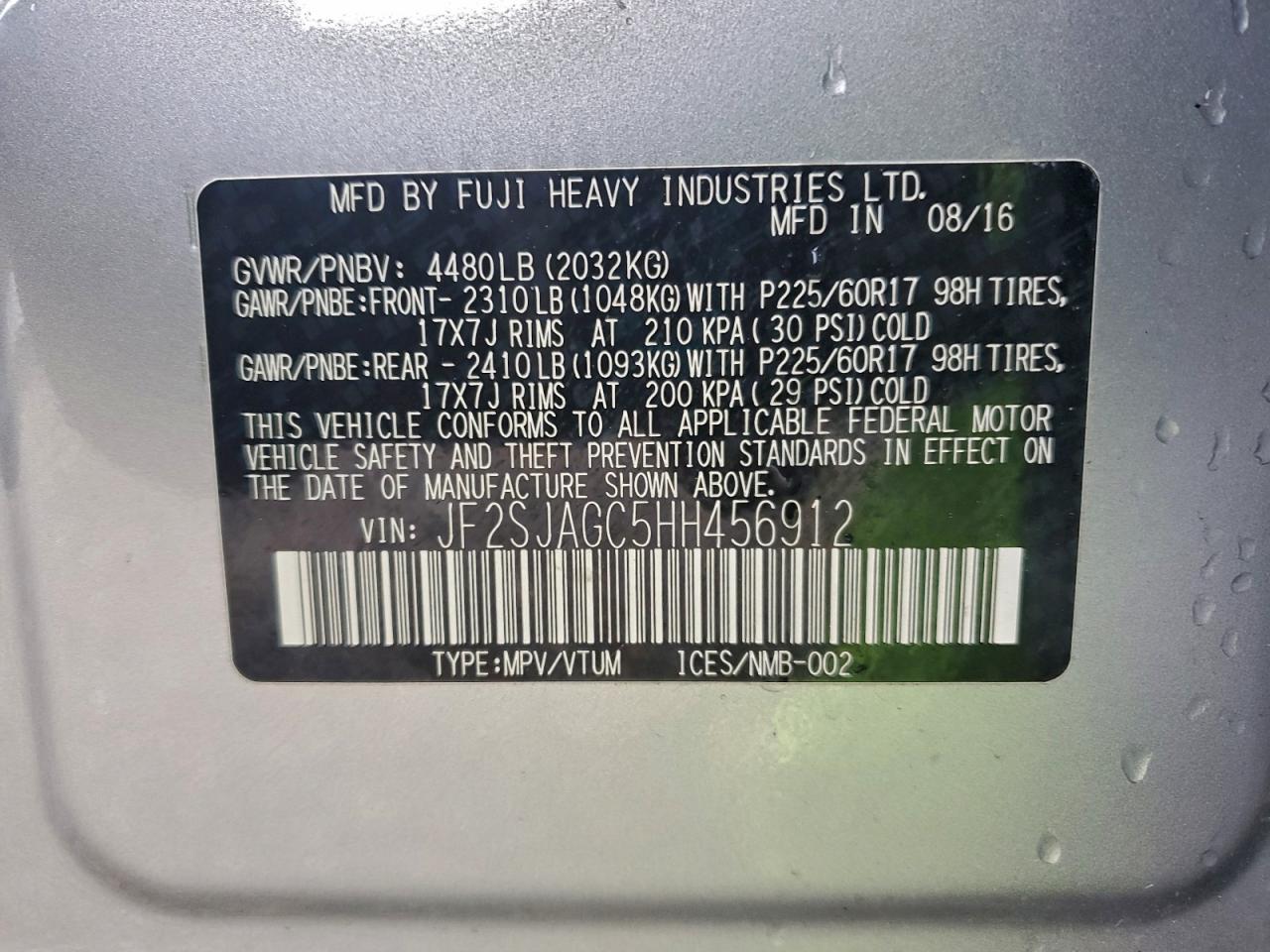 2017 Subaru Forester 2.5I Premium VIN: JF2SJAGC5HH456912 Lot: 94024405