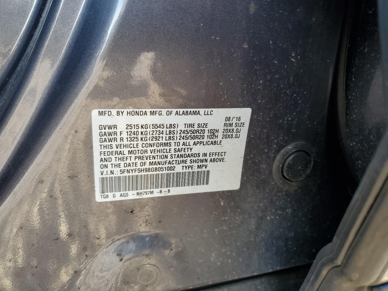 2016 Honda Pilot Touring VIN: 5FNYF5H98GB051002 Lot: 91585035