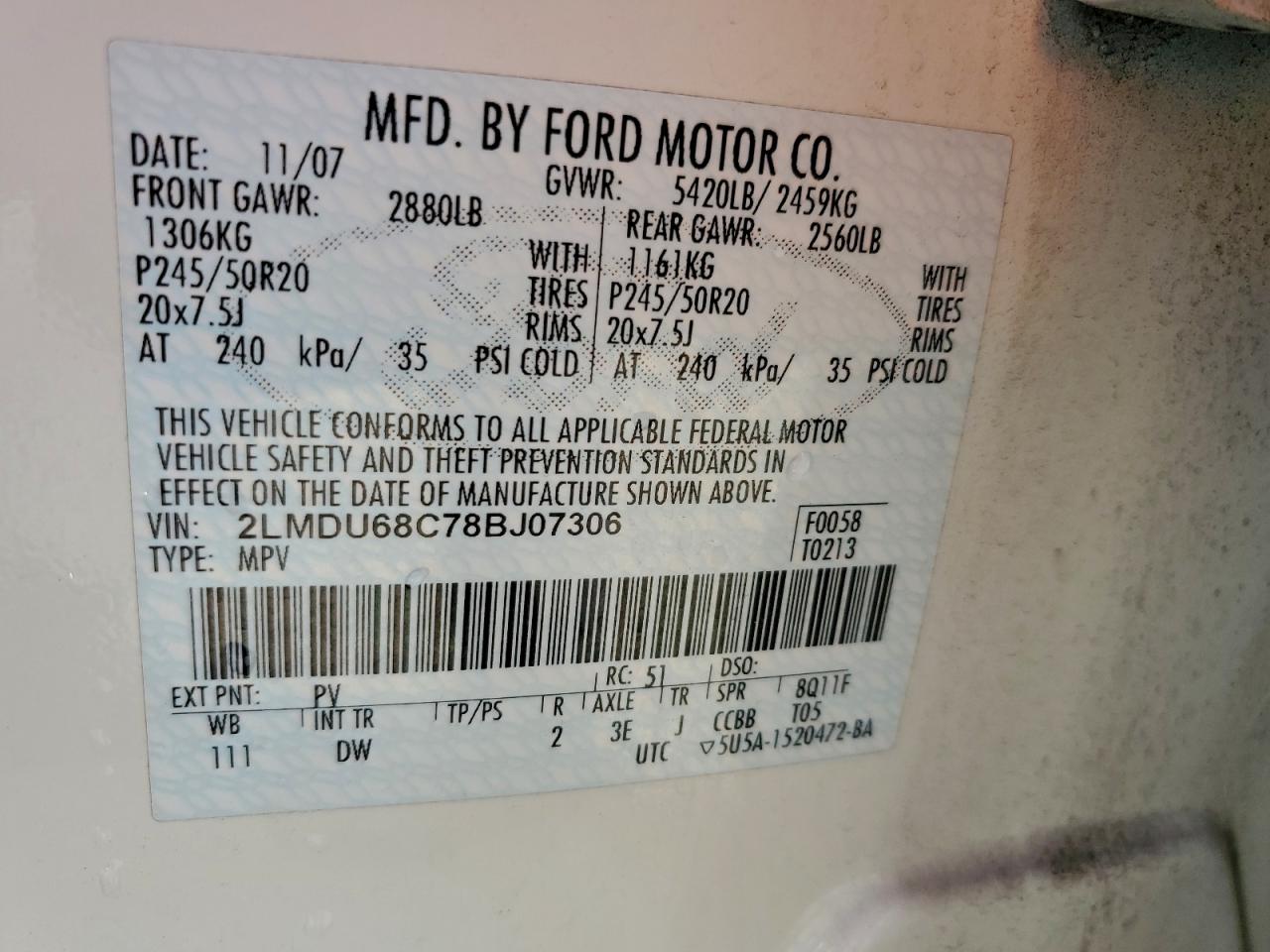 2008 Lincoln Mkx VIN: 2LMDU68C78BJ07306 Lot: 93943245