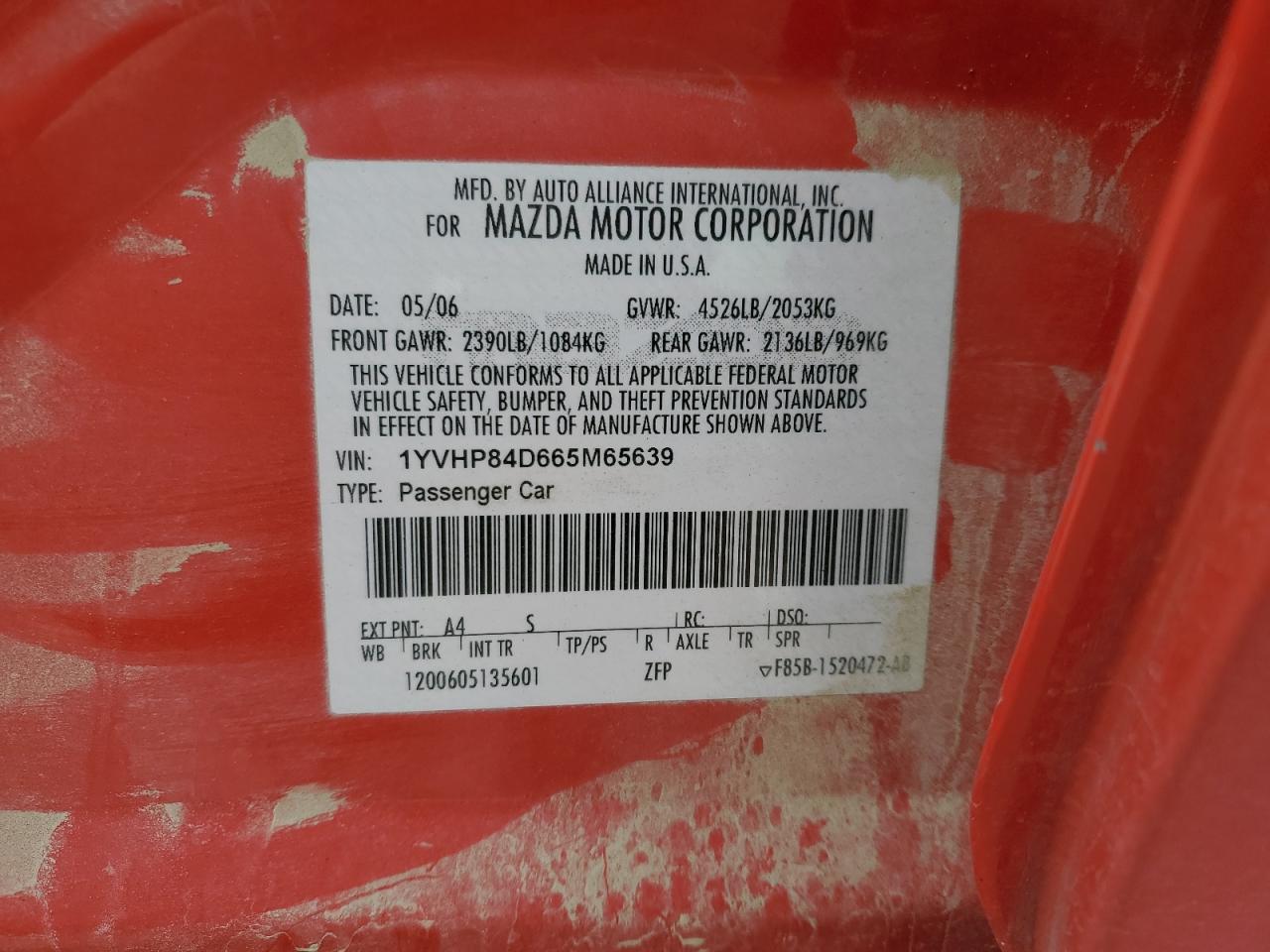 2006 Mazda 6 S VIN: 1YVHP84D665M65639 Lot: 90842265