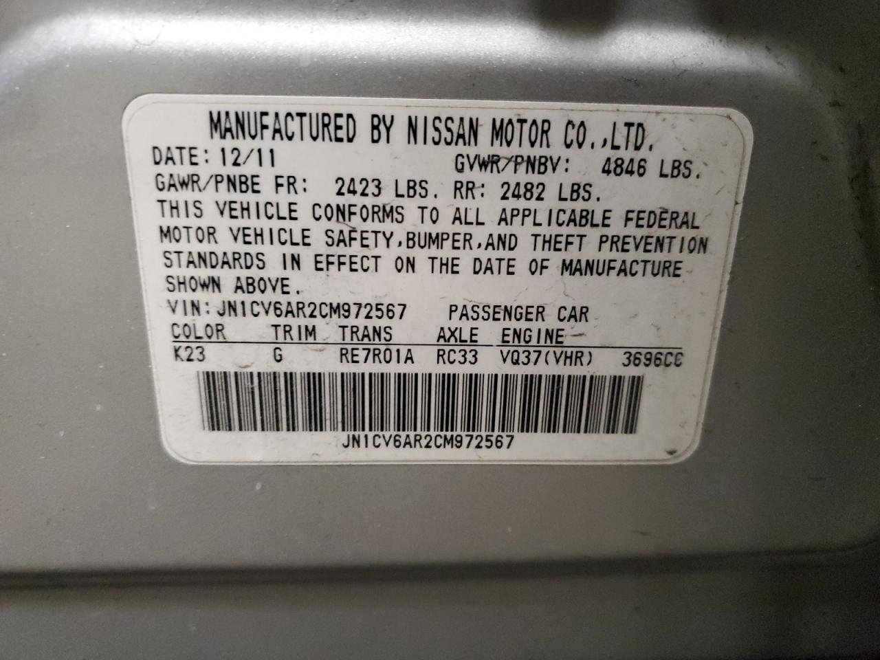 2012 Infiniti G37 VIN: JN1CV6AR2CM972567 Lot: 92307055