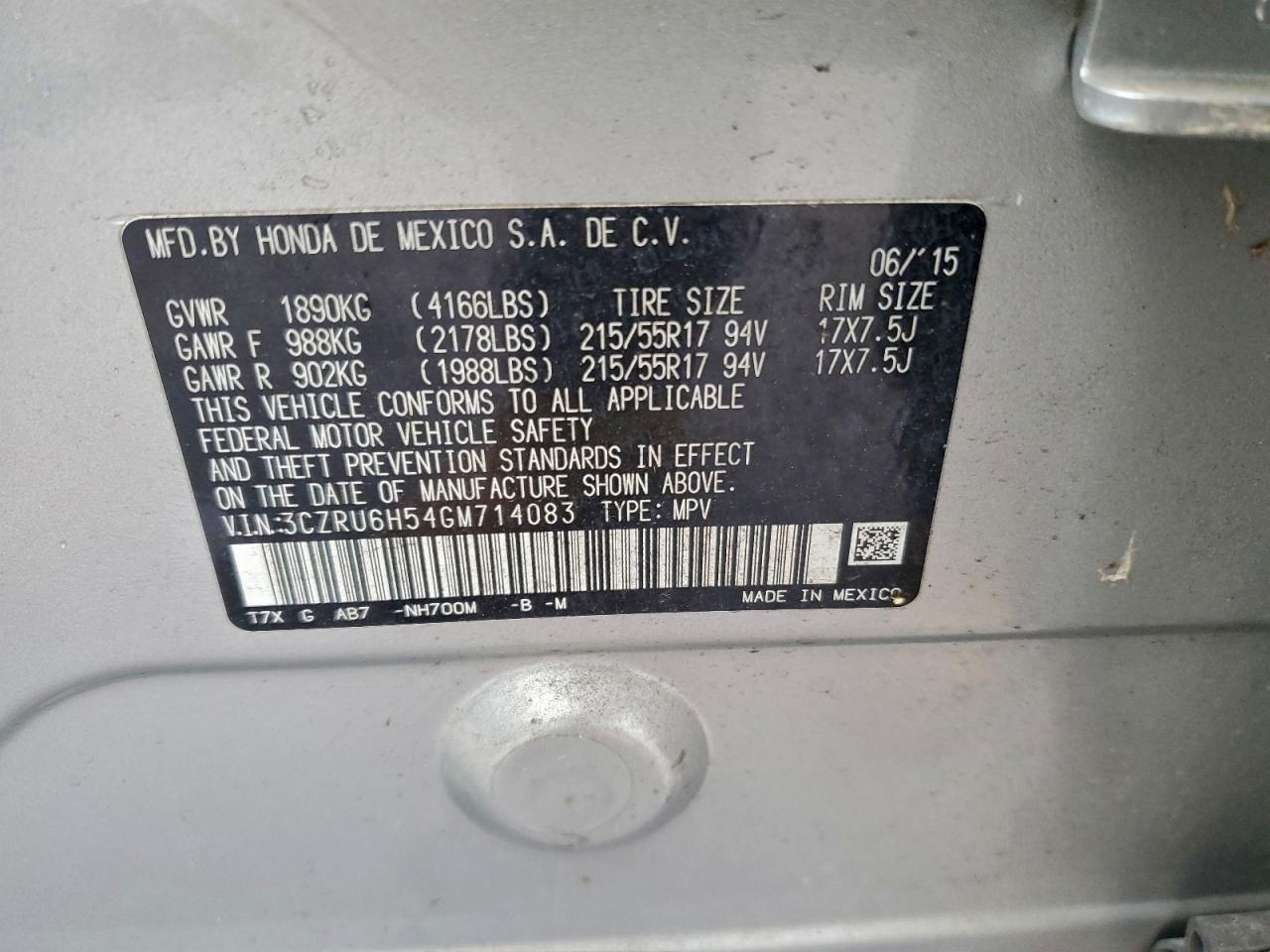 2016 Honda Hr-V Ex VIN: 3CZRU6H54GM714083 Lot: 93847105