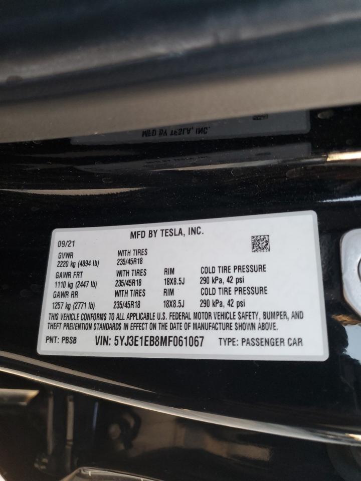 2021 Tesla Model 3 VIN: 5YJ3E1EB8MF061067 Lot: 92323455