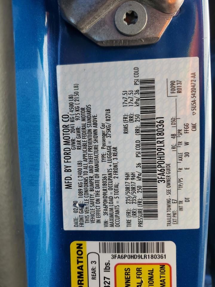 2020 Ford Fusion Se VIN: 3FA6P0HD9LR180361 Lot: 91800915