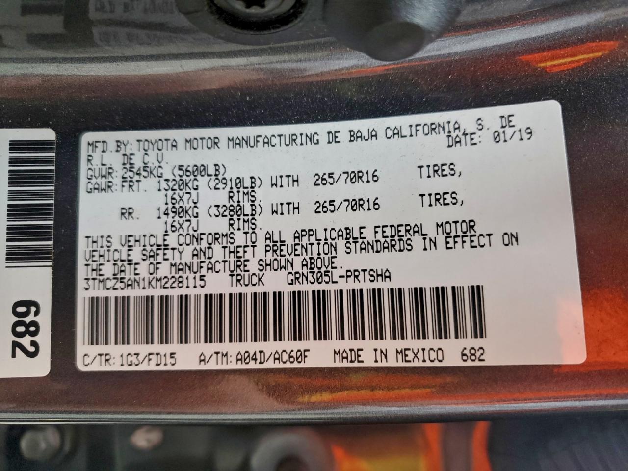 2019 Toyota Tacoma Double Cab VIN: 3TMCZ5AN1KM228115 Lot: 93655045