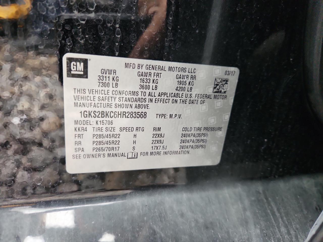 2017 GMC Yukon Slt VIN: 1GKS2BKC6HR283568 Lot: 92373105