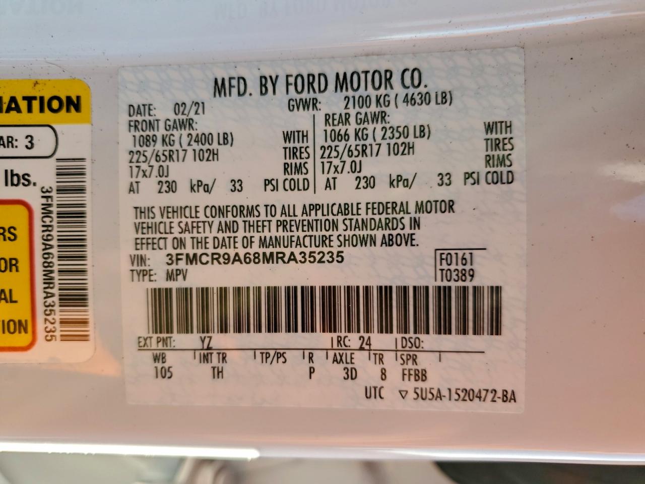 2021 Ford Bronco Sport VIN: 3FMCR9A68MRA35235 Lot: 93225565