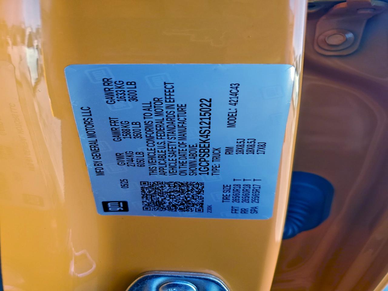 2025 Chevrolet Colorado VIN: 1GCPSBEK4S1215022 Lot: 94163525