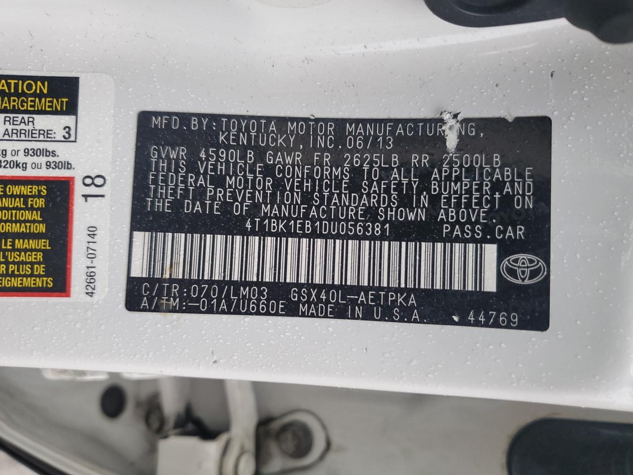 2013 Toyota Avalon Base VIN: 4T1BK1EB1DU056381 Lot: 93194085