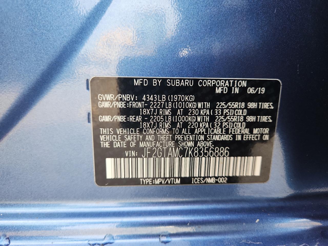 2019 Subaru Crosstrek Limited VIN: JF2GTAMC7K8356886 Lot: 93259265