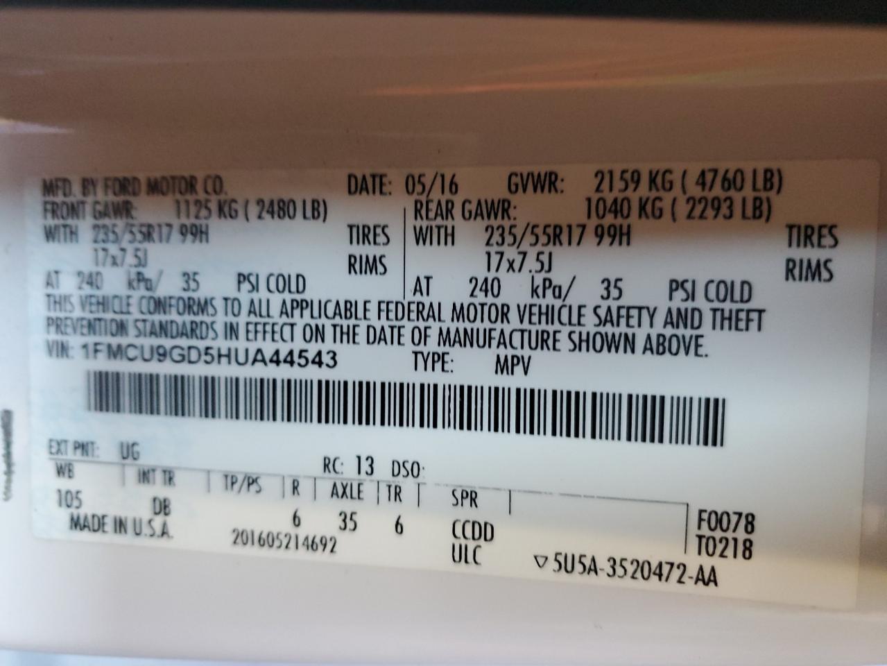 2017 Ford Escape Se VIN: 1FMCU9GD5HUA44543 Lot: 93174575