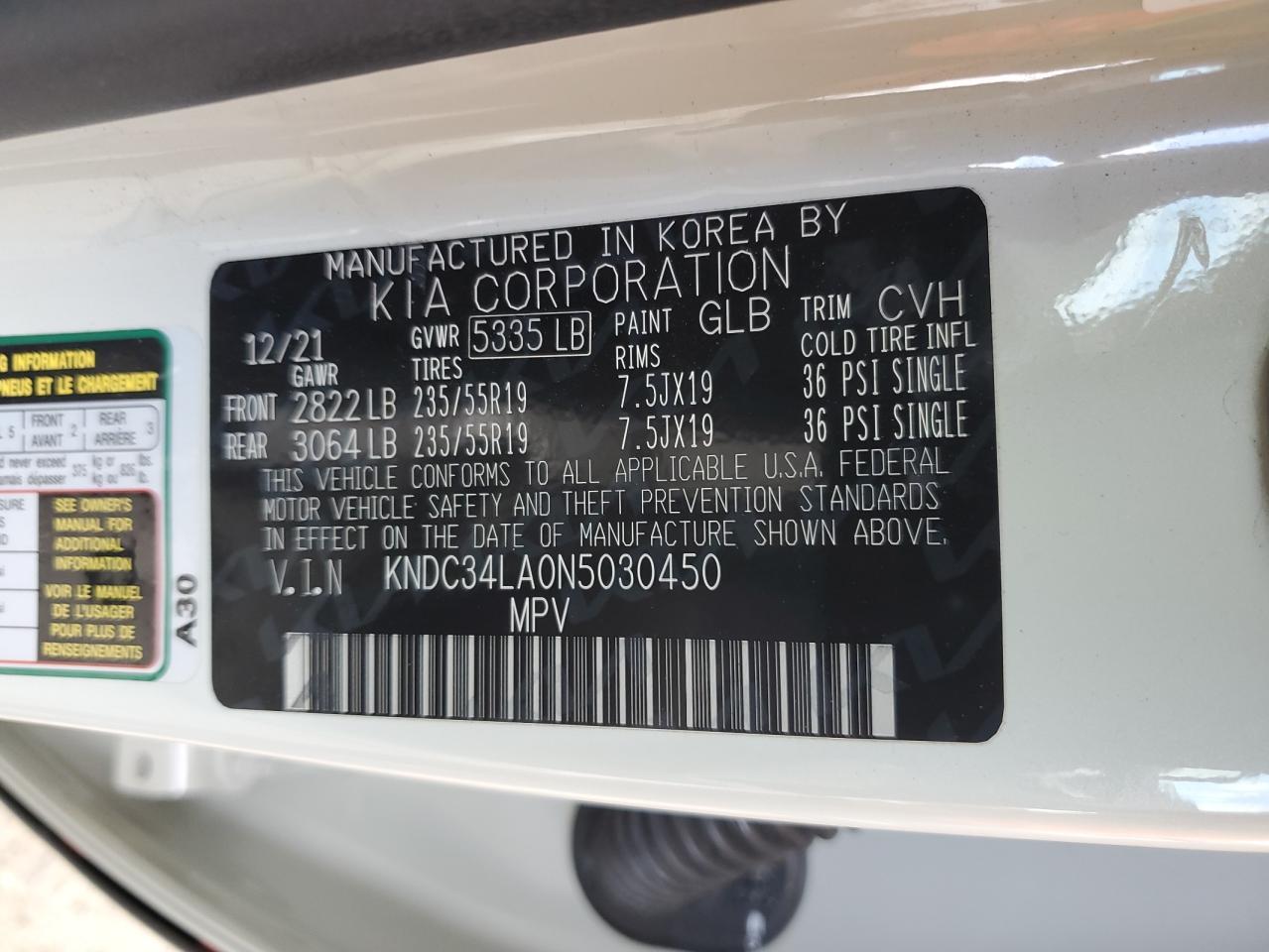 2022 Kia Ev6 Light VIN: KNDC34LA0N5030450 Lot: 93959645