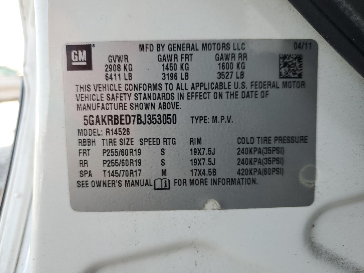 2011 Buick Enclave Cxl VIN: 5GAKRBED7BJ353050 Lot: 91857225