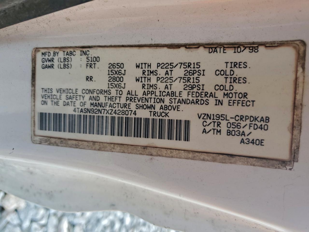 1999 Toyota Tacoma Xtracab Prerunner VIN: 4TASN92N7XZ428074 Lot: 94714835