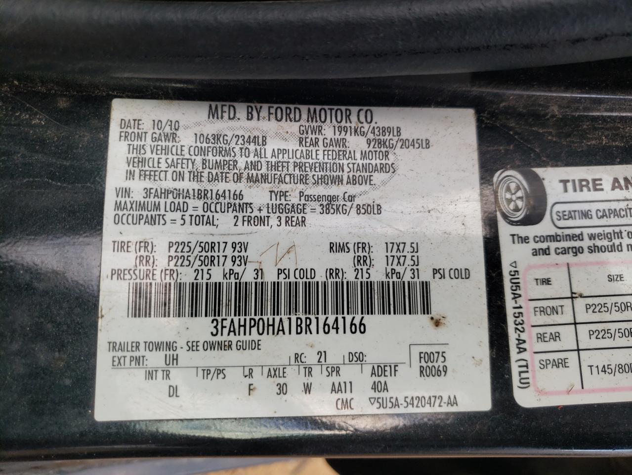 2011 Ford Fusion Se VIN: 3FAHP0HA1BR164166 Lot: 90574425