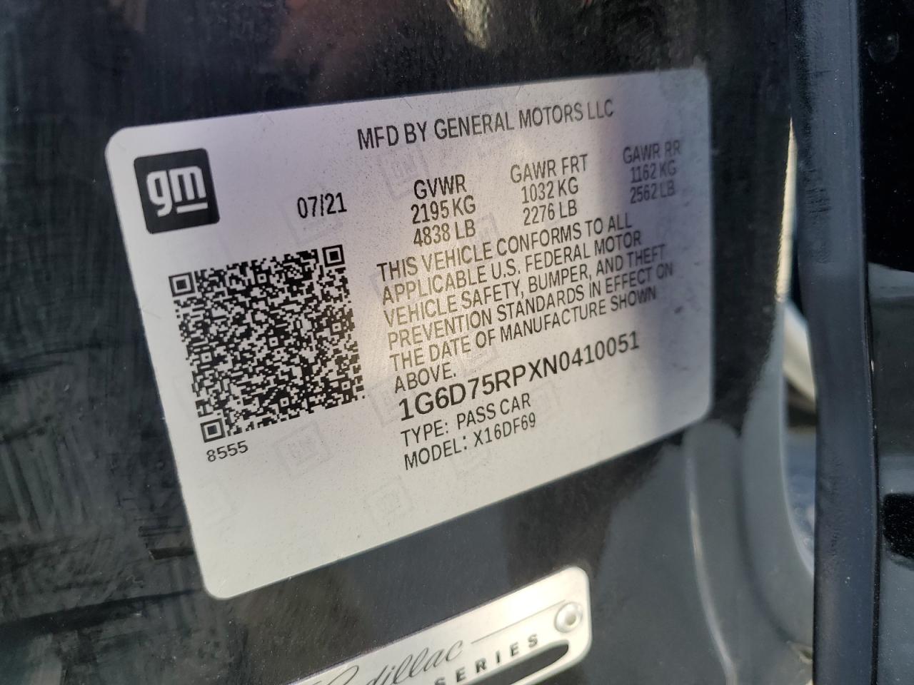 2022 Cadillac Ct4-V Blackwing VIN: 1G6D75RPXN0410051 Lot: 92895155