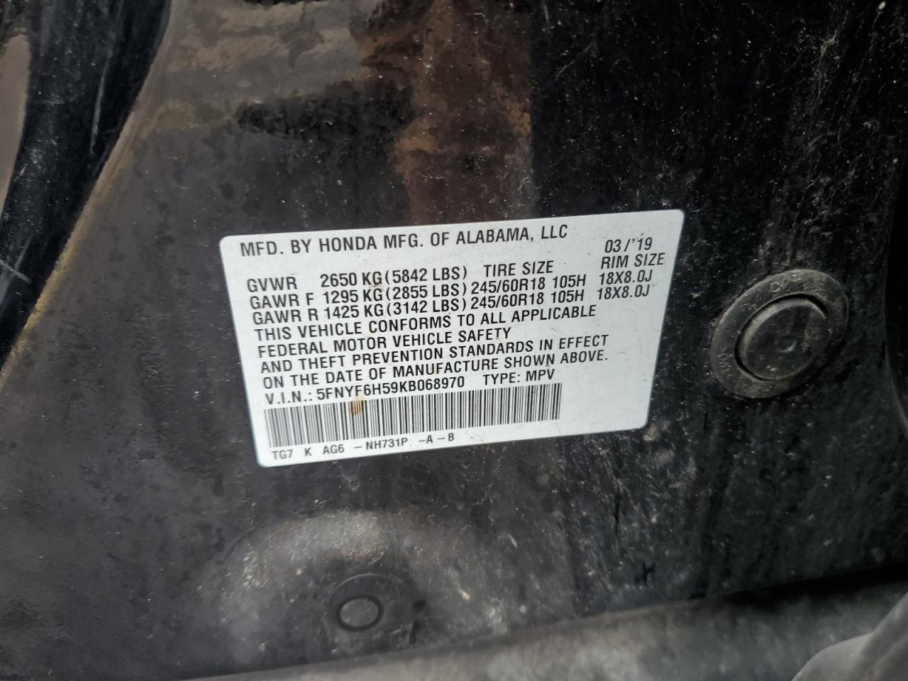 2019 Honda Pilot Exl VIN: 5FNYF6H59KB068970 Lot: 91667315