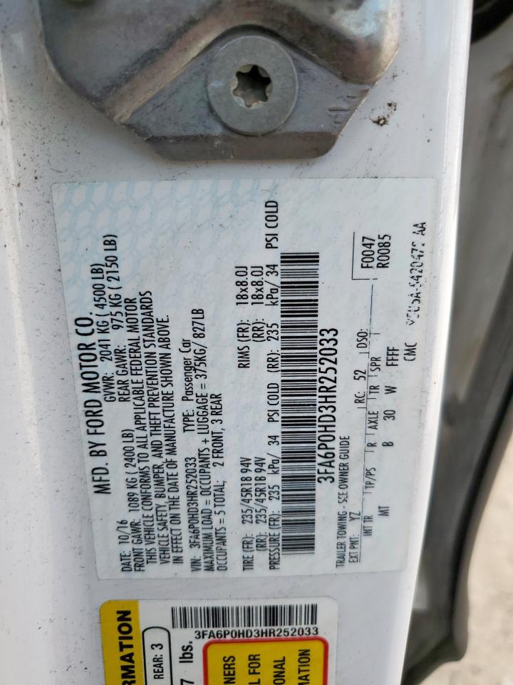 2017 Ford Fusion Se VIN: 3FA6P0HD3HR252033 Lot: 93382455