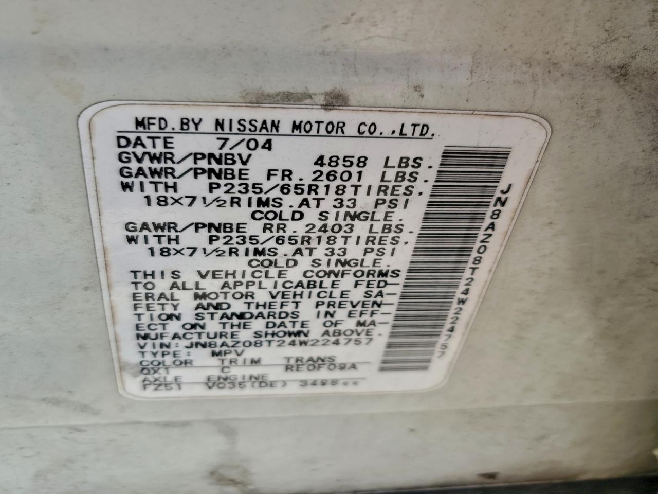 2004 Nissan Murano Sl VIN: JN8AZ08T24W224757 Lot: 91443335