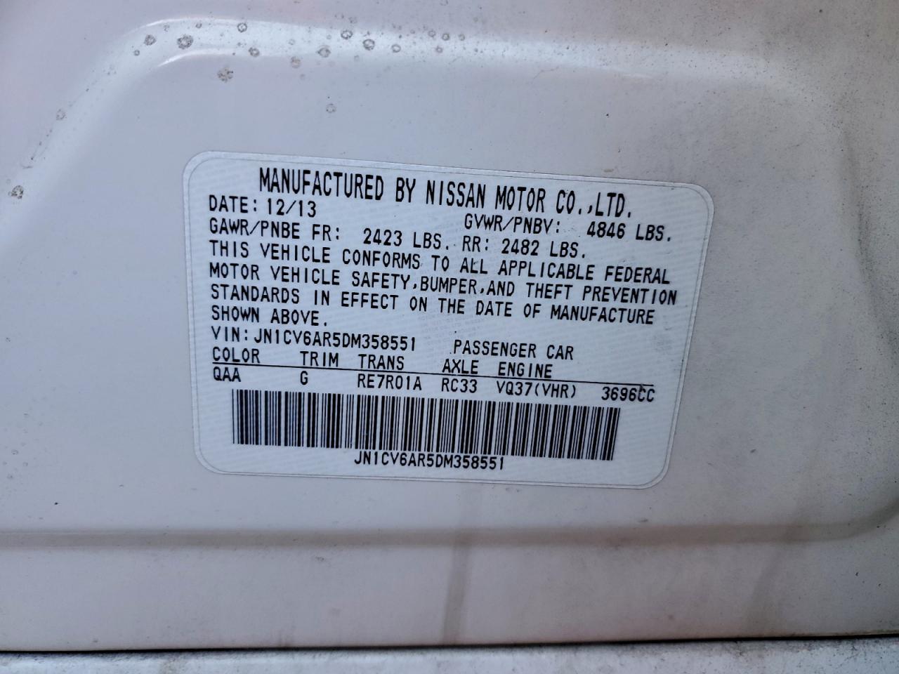 2013 Infiniti G37 VIN: JN1CV6AR5DM358551 Lot: 92692855