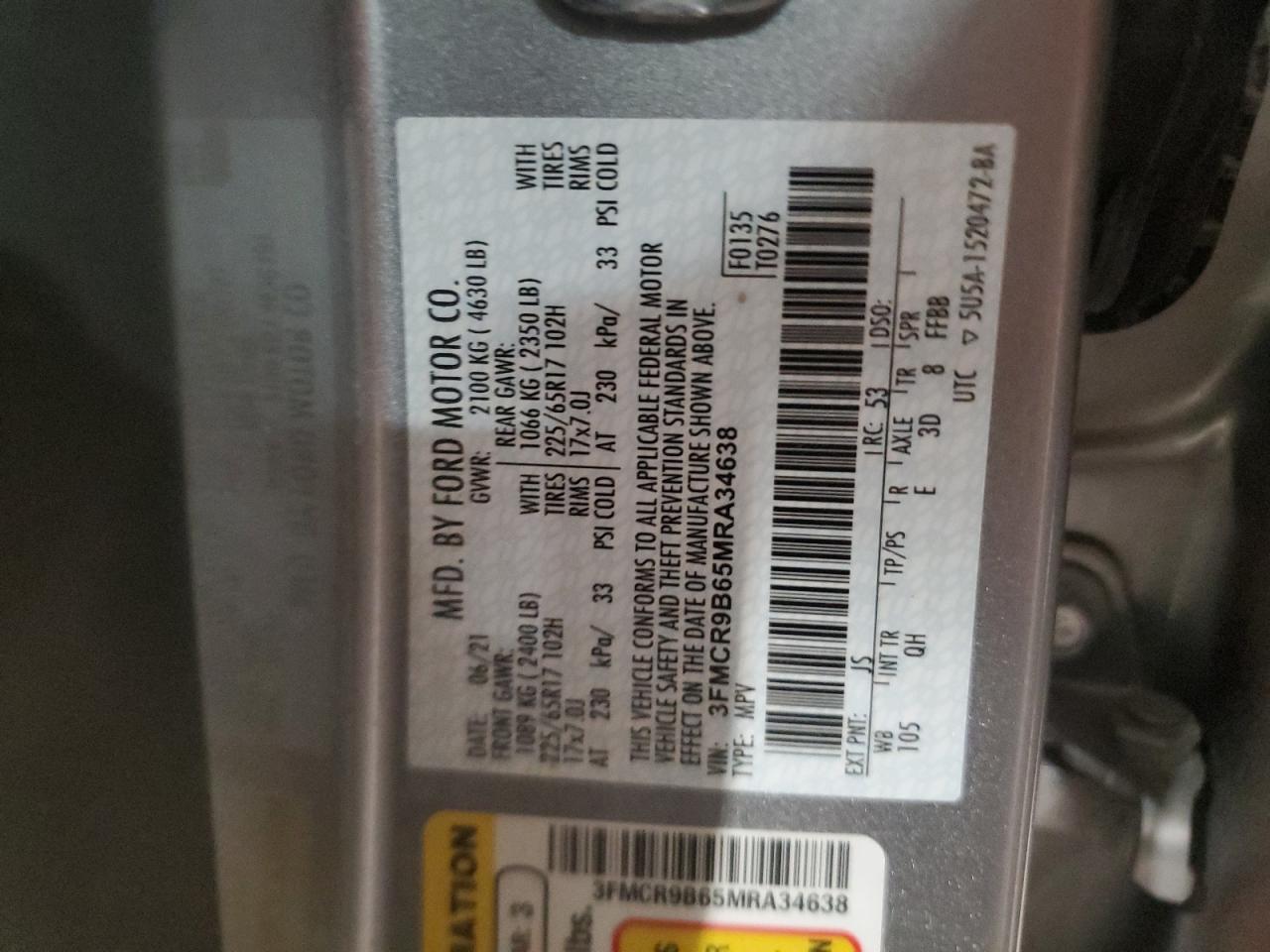 2021 Ford Bronco Sport Big Bend VIN: 3FMCR9B65MRA34638 Lot: 91355625