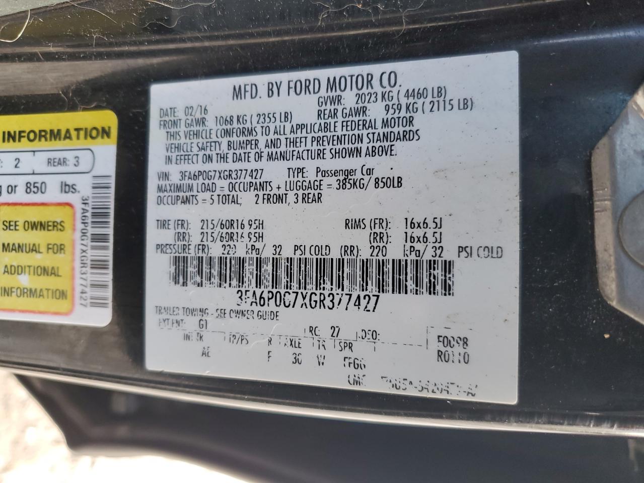 2016 Ford Fusion S VIN: 3FA6P0G7XGR377427 Lot: 93064305