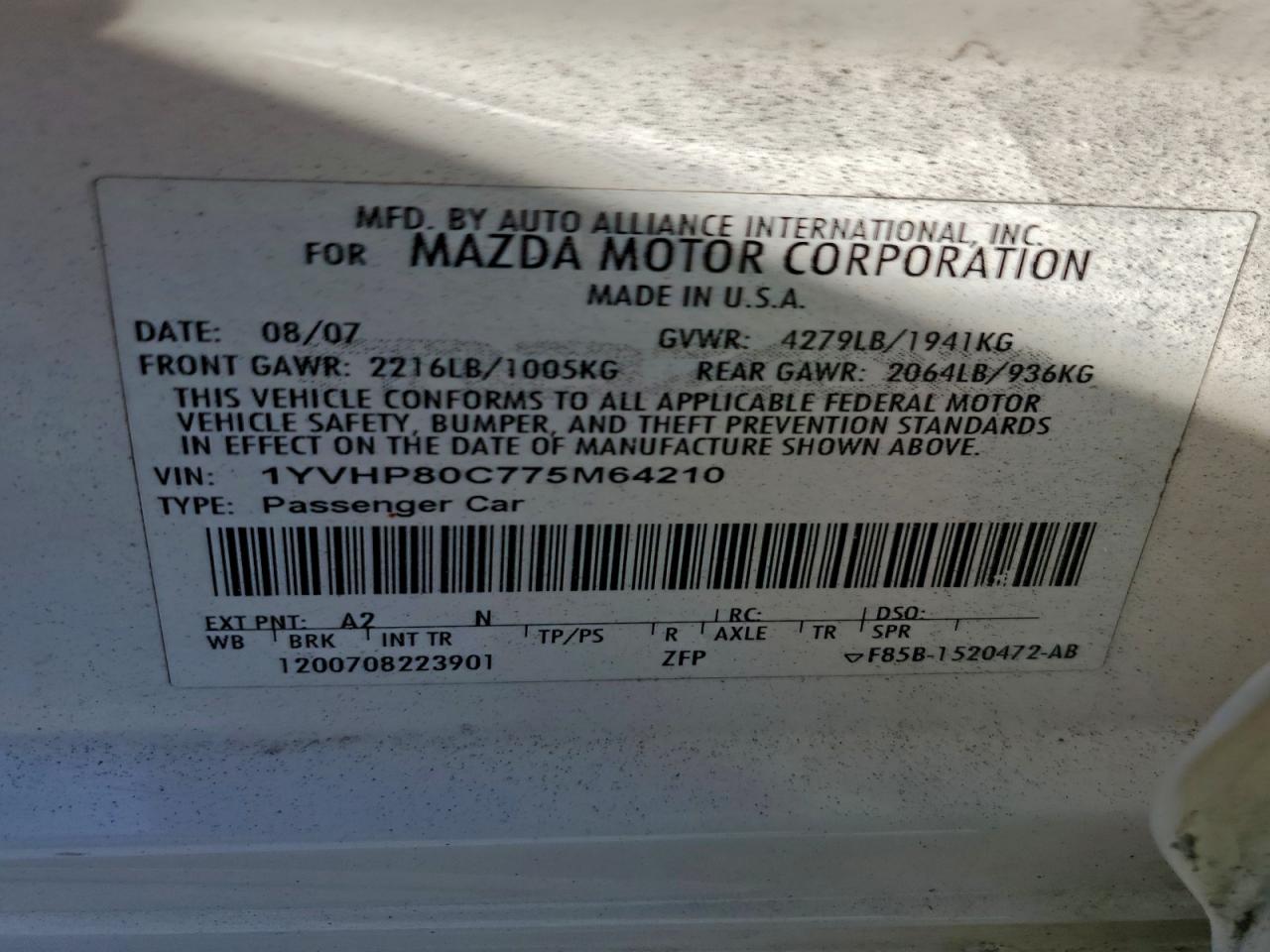 2007 Mazda 6 I VIN: 1YVHP80C775M64210 Lot: 93812495