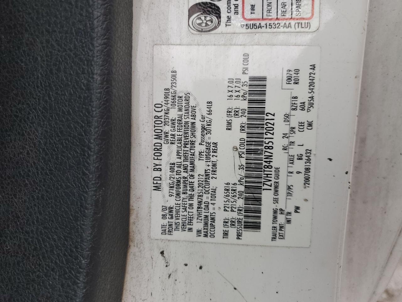 2008 Ford Mustang VIN: 1ZVHT84N785120212 Lot: 92871945