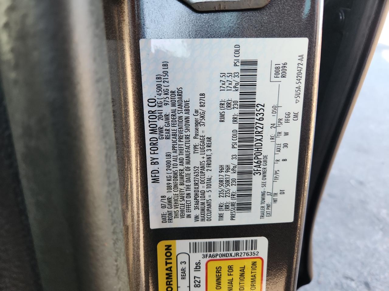 2018 Ford Fusion Se VIN: 3FA6P0HDXJR276352 Lot: 92305625