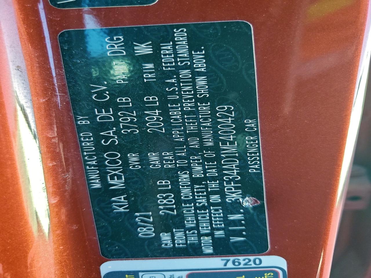 2021 Kia Forte Gt Line VIN: 3KPF34AD1ME400429 Lot: 94191275