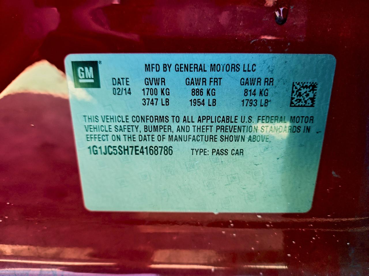 2014 Chevrolet Sonic Lt VIN: 1G1JC5SH7E4168786 Lot: 94177755