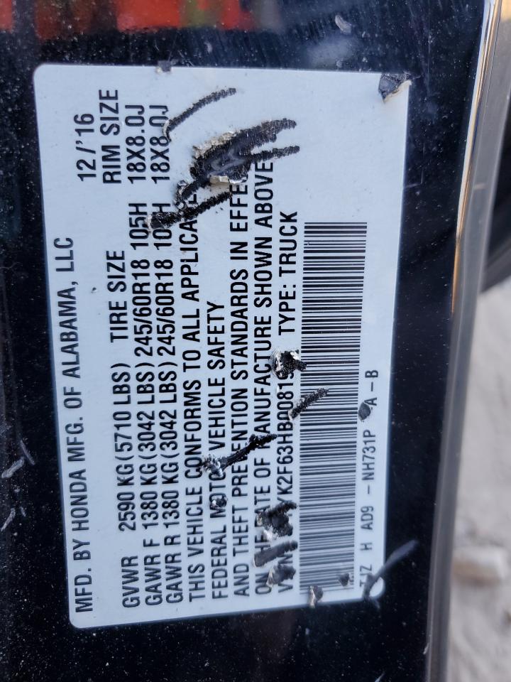 2017 Honda Ridgeline Rtl VIN: 5FPYK2F63HB008196 Lot: 91013545