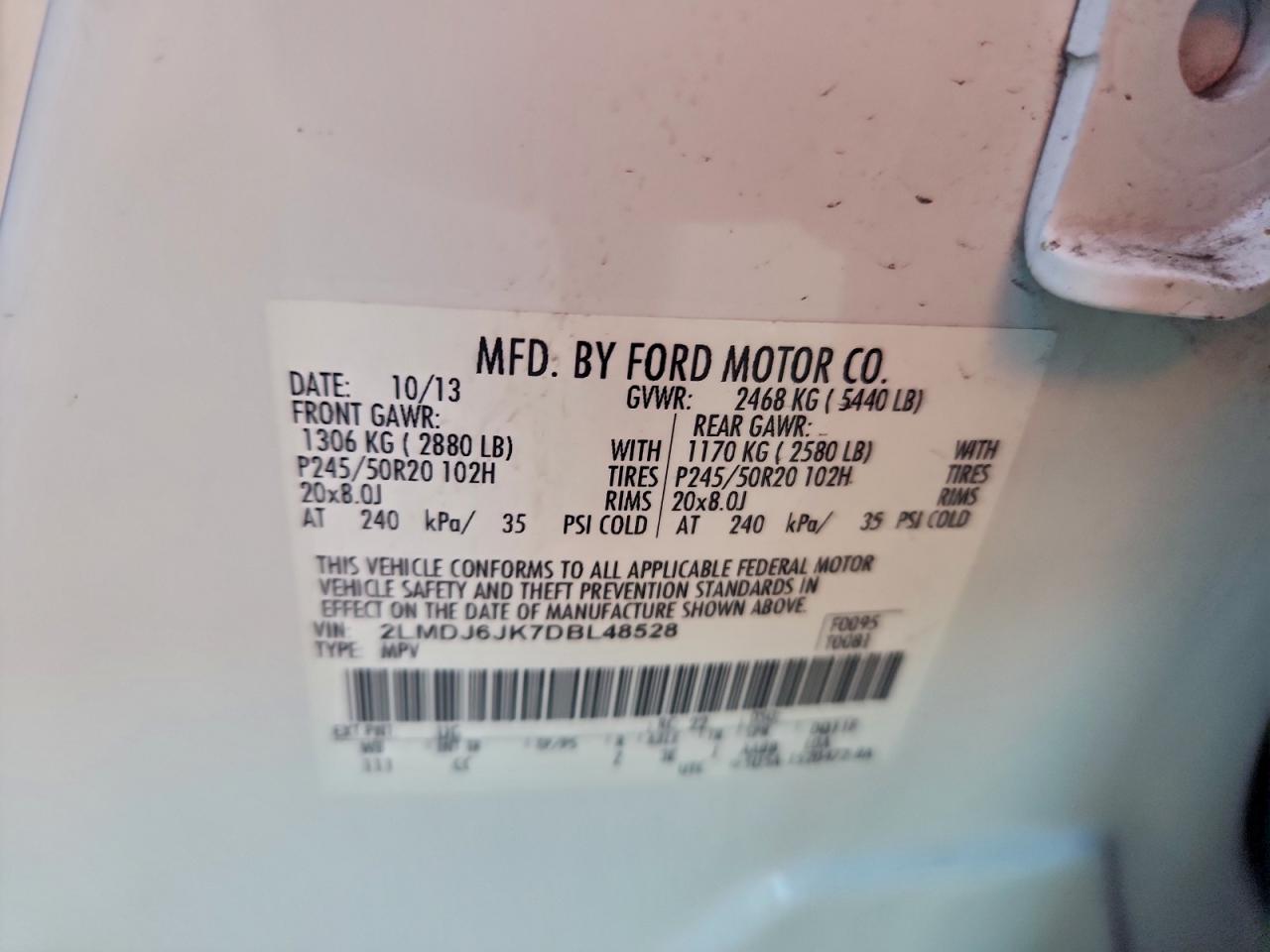 2013 Lincoln Mkx VIN: 2LMDJ6JK7DBL48528 Lot: 93483155