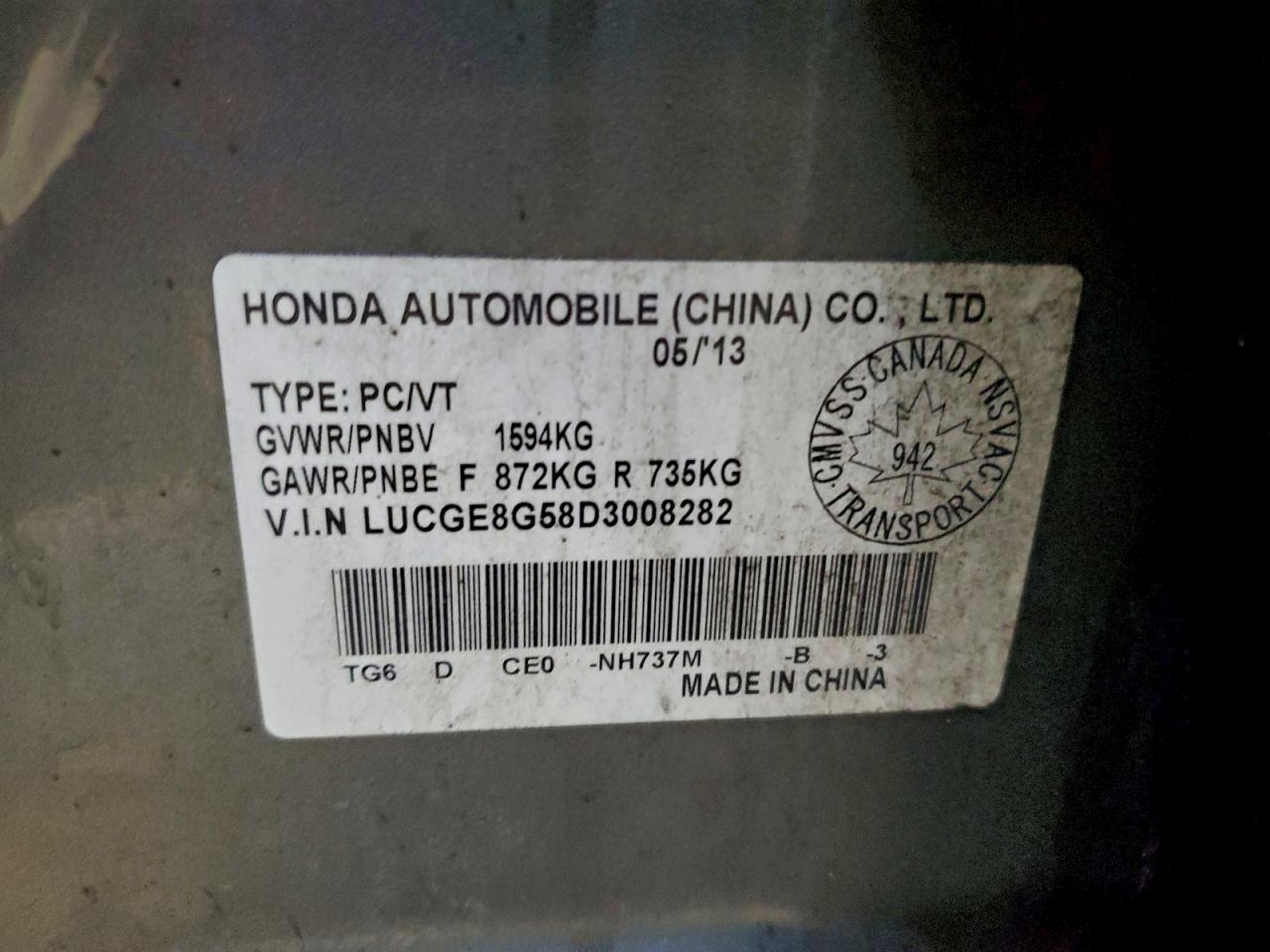 2013 Honda Fit Lx VIN: LUCGE8G58D3008282 Lot: 93811915