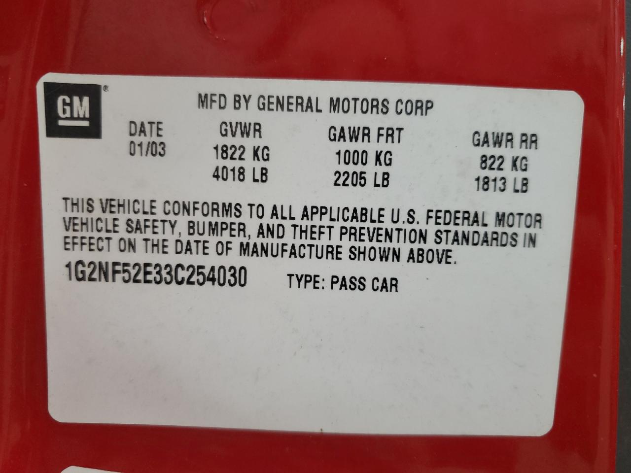 2003 Pontiac Grand Am Se1 VIN: 1G2NF52E33C254030 Lot: 92658445