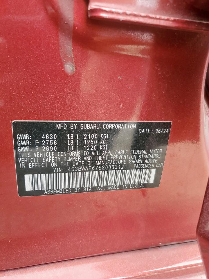 2025 Subaru Legacy Premium VIN: 4S3BWAF67S3003312 Lot: 93107135