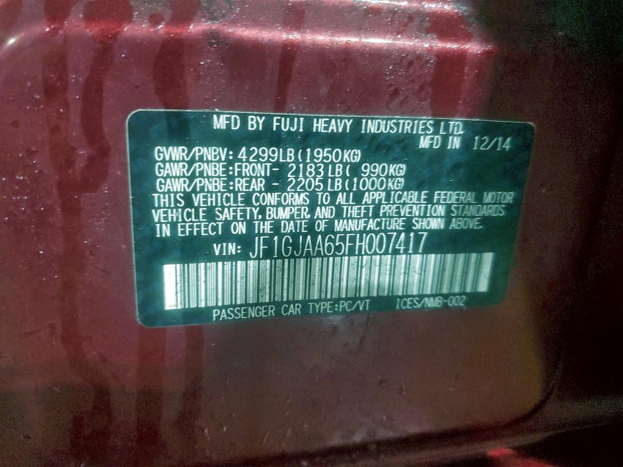 2015 Subaru Impreza VIN: JF1GJAA65FH007417 Lot: 93263185