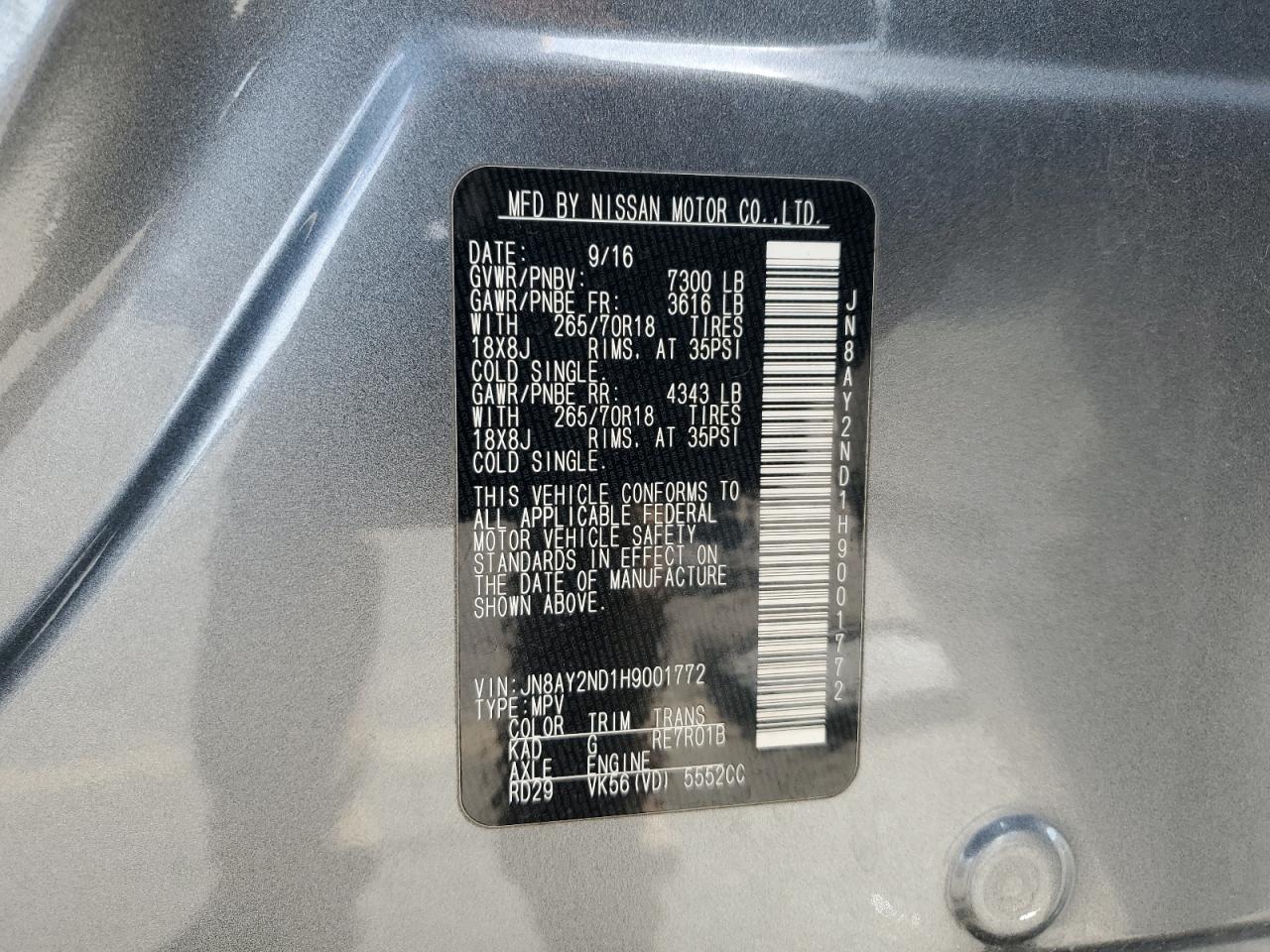 2017 Nissan Armada Sv VIN: JN8AY2ND1H9001772 Lot: 90899385