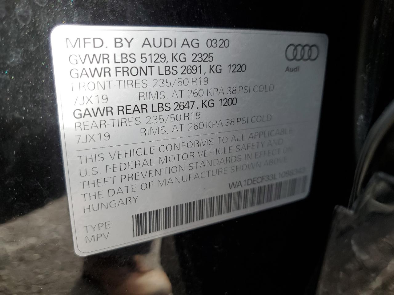 2020 Audi Q3 Premium S Line VIN: WA1DECF33L1098343 Lot: 93663495