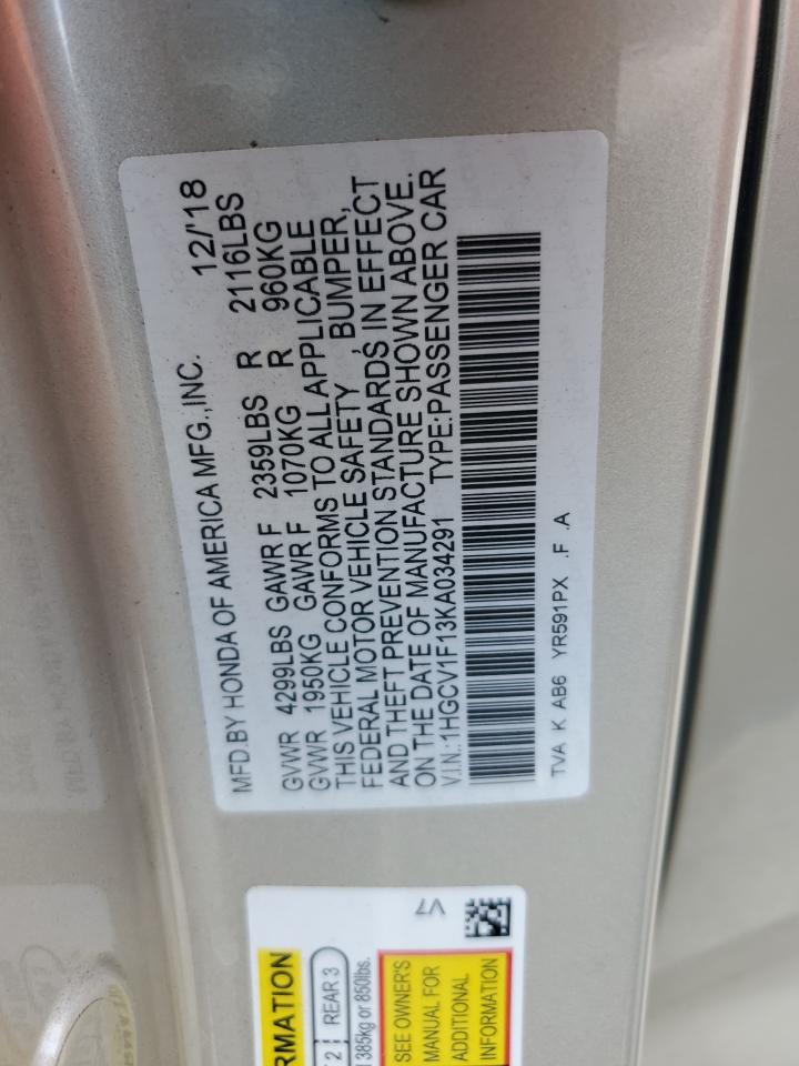 2019 Honda Accord Lx VIN: 1HGCV1F13KA034291 Lot: 93536295