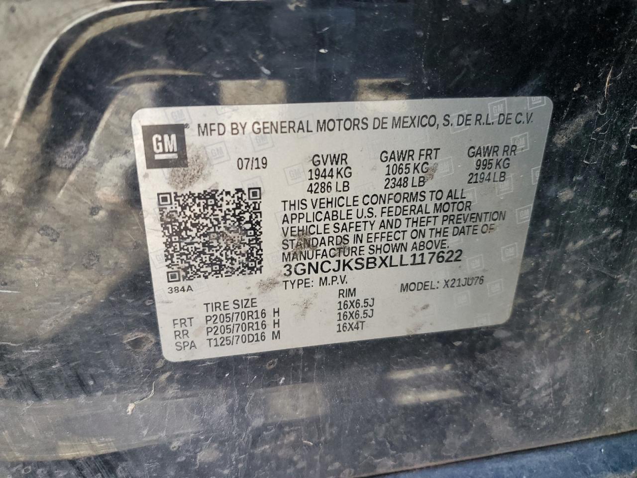 2020 Chevrolet Trax Ls VIN: 3GNCJKSBXLL117622 Lot: 91214065