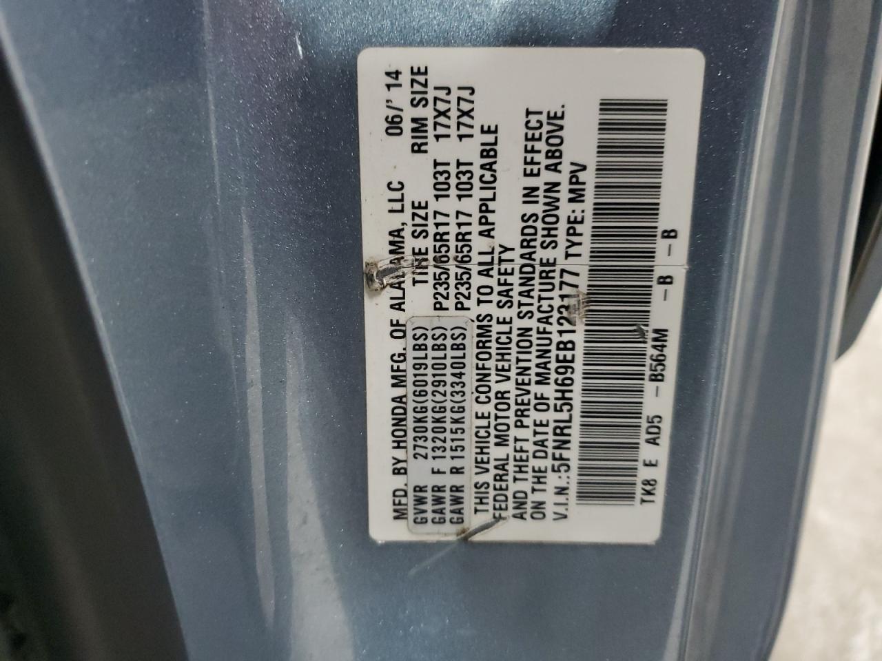 2014 Honda Odyssey Exl VIN: 5FNRL5H69EB123177 Lot: 93879375