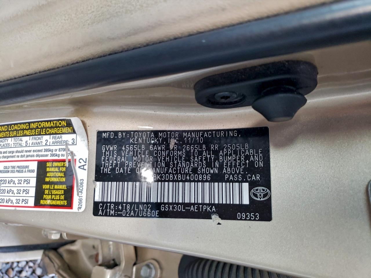 2011 Toyota Avalon Base VIN: 4T1BK3DBXBU400896 Lot: 93202865