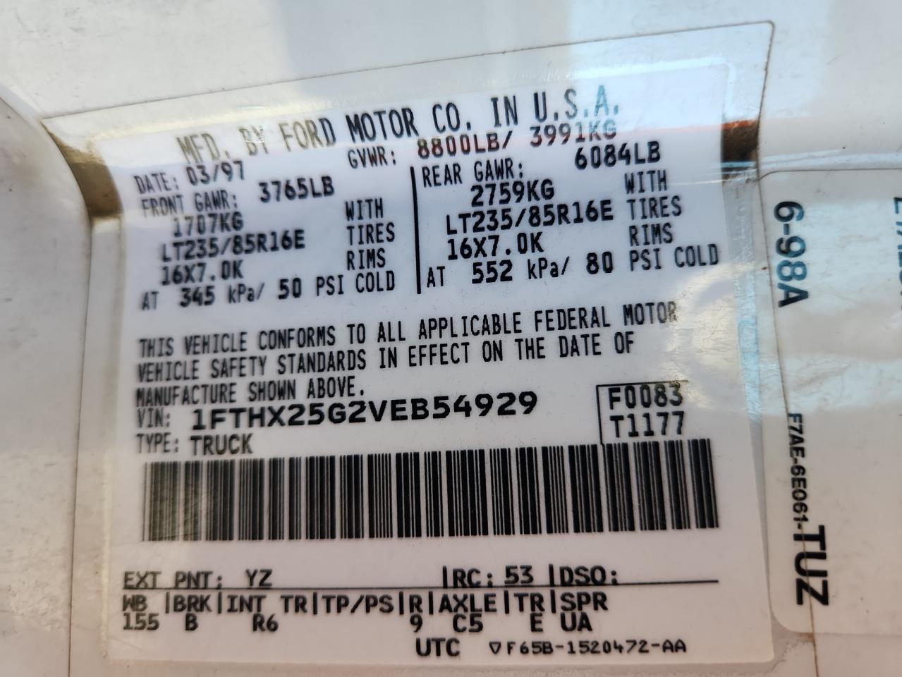 1997 Ford F250 VIN: 1FTHX25G2VEB54929 Lot: 93475625
