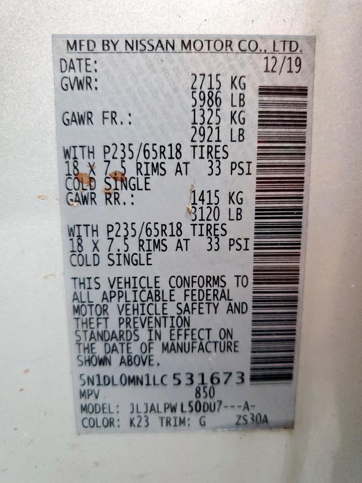 2020 Infiniti Qx60 Luxe VIN: 5N1DL0MN1LC531673 Lot: 93039235