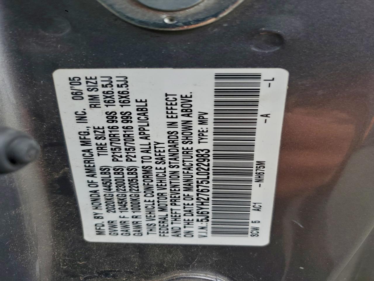 2005 Honda Element Ex VIN: 5J6YH27675L022983 Lot: 93134385